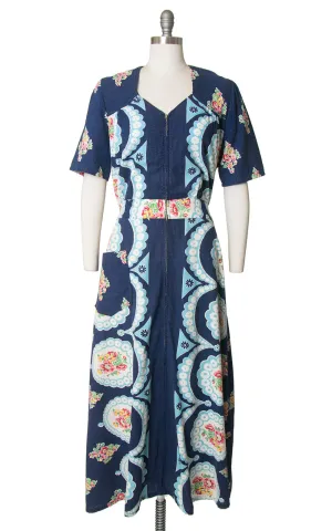 1940s Floral Blue Cotton Maxi Dressing Dress | large/x-large