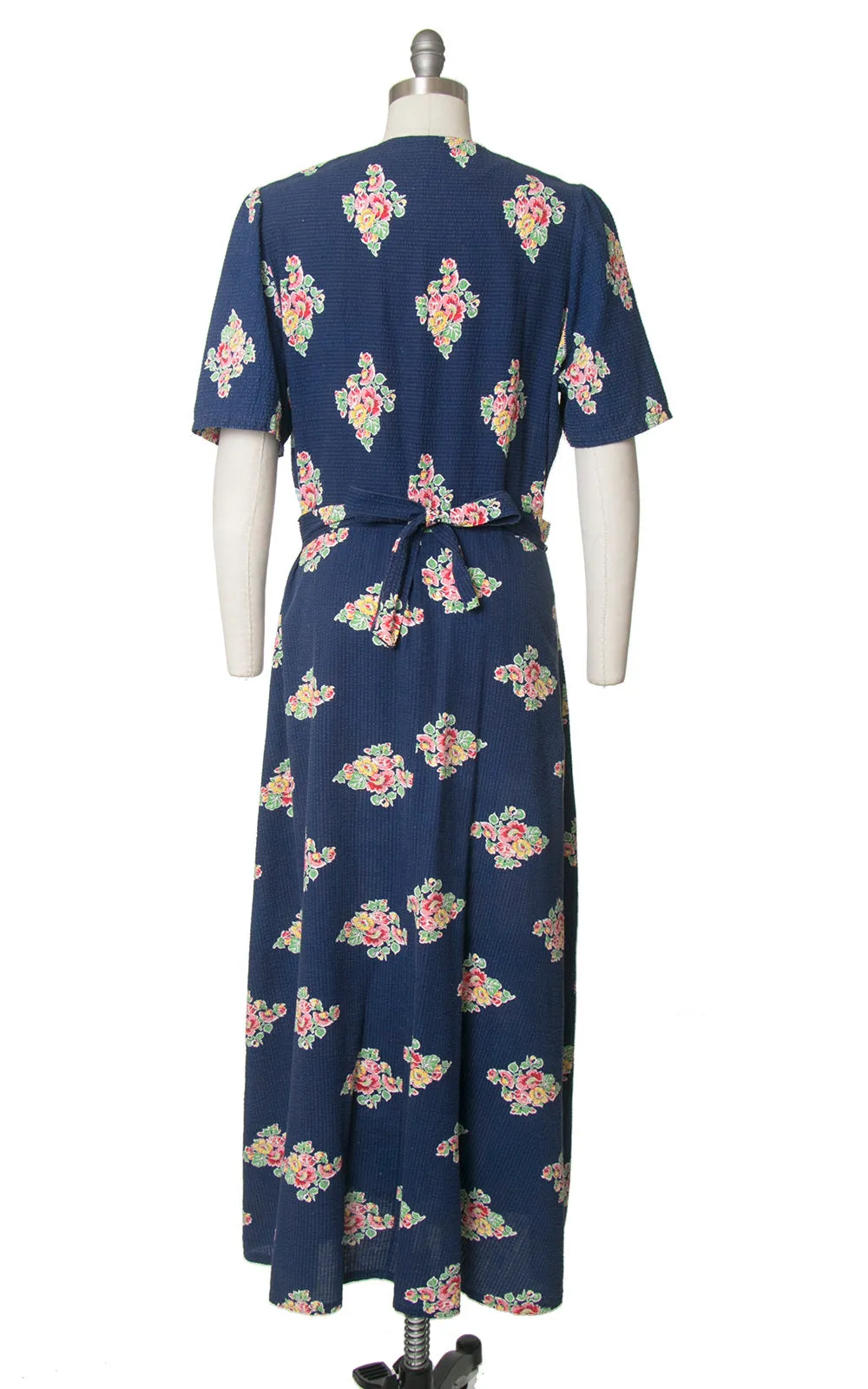 1940s Floral Blue Cotton Maxi Dressing Dress | large/x-large