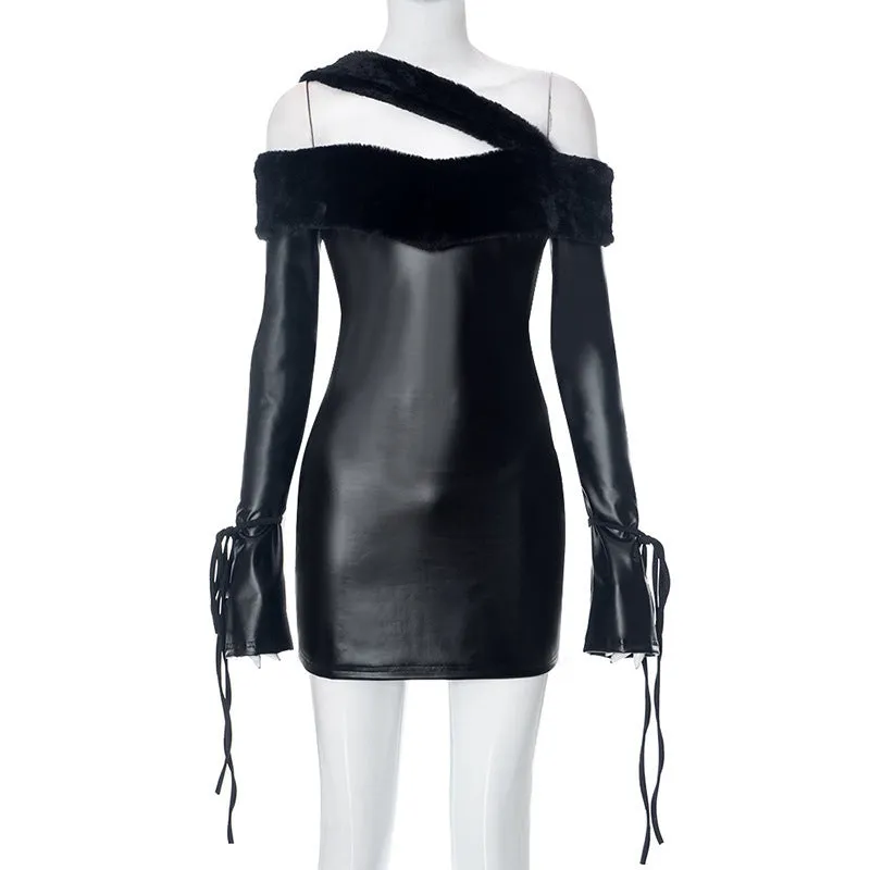 2025 D23DS155  women's clothing autumn new street wear short skirt solid color fur collar tube top leather dress
