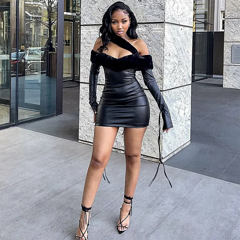 2025 D23DS155  women's clothing autumn new street wear short skirt solid color fur collar tube top leather dress