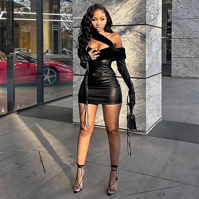 2025 D23DS155  women's clothing autumn new street wear short skirt solid color fur collar tube top leather dress