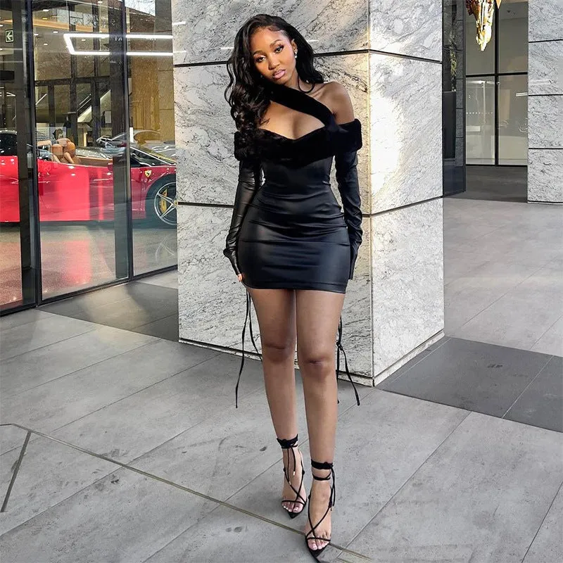 2025 D23DS155  women's clothing autumn new street wear short skirt solid color fur collar tube top leather dress