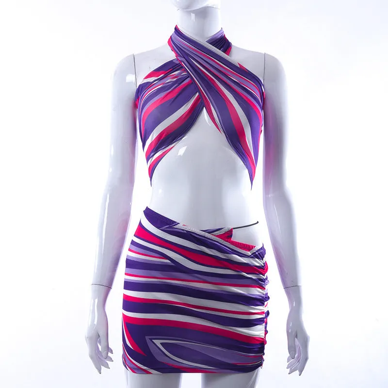 2025 M21ST159  women's clothing  spring and summer new contrasting color printing sleeveless neck top short skirt set