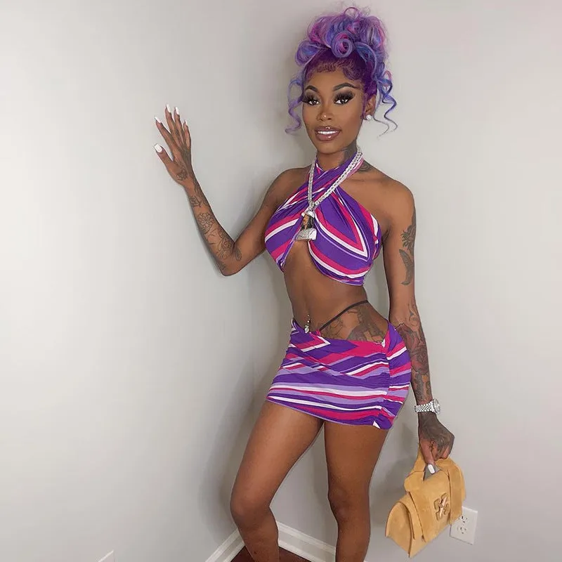 2025 M21ST159  women's clothing  spring and summer new contrasting color printing sleeveless neck top short skirt set