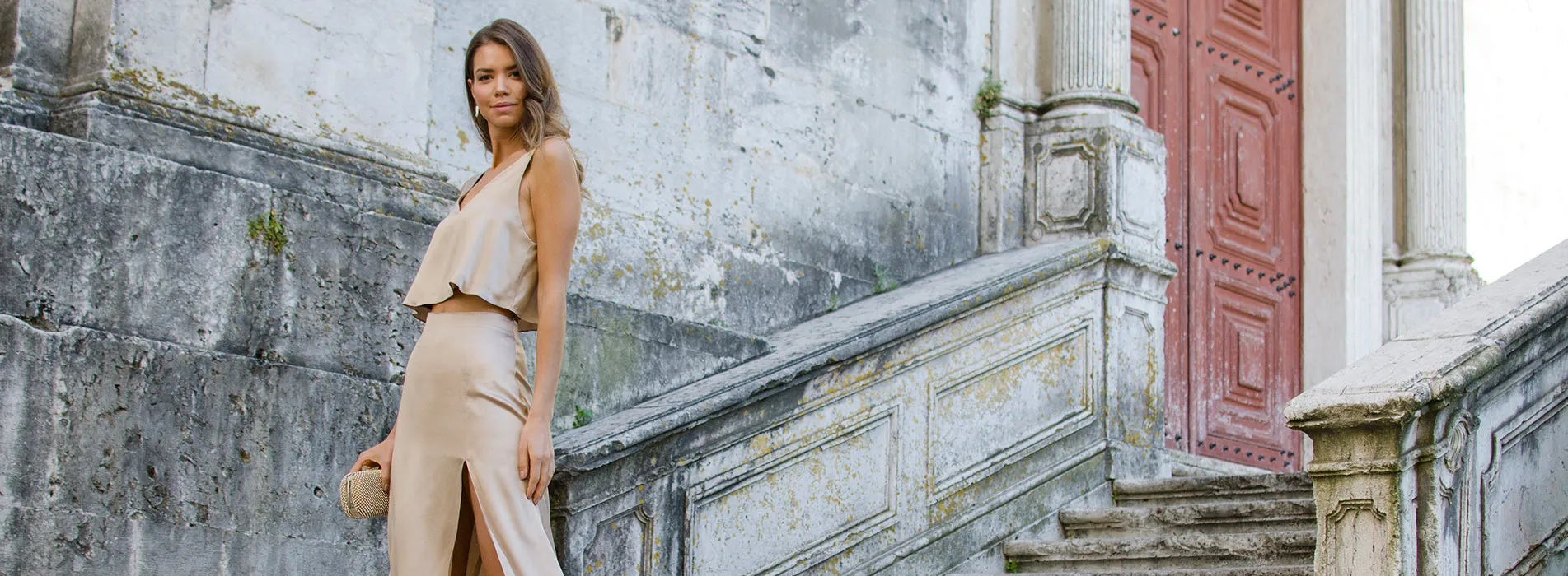 Alma champagne silk skirt & top set