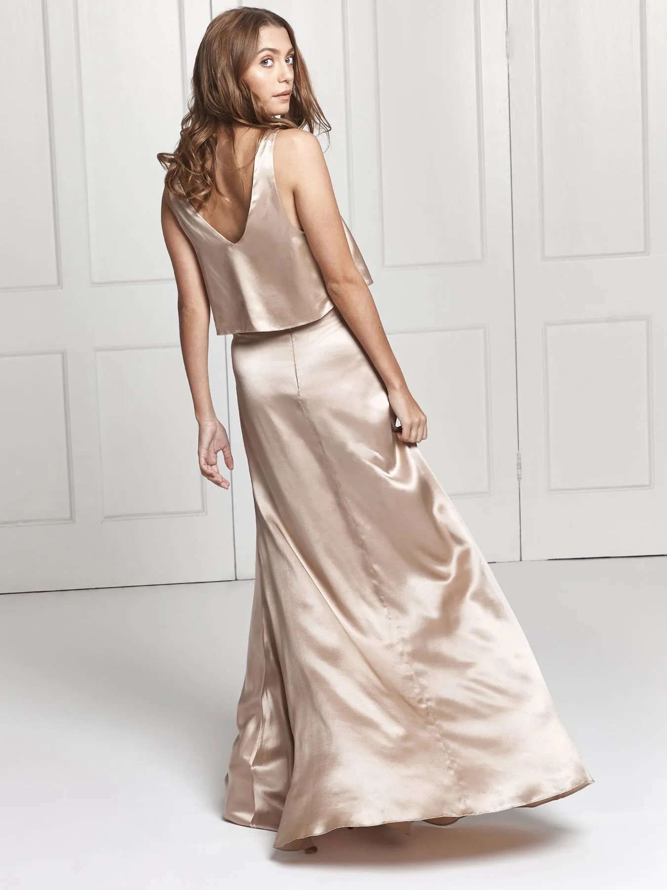 Alma champagne silk skirt & top set