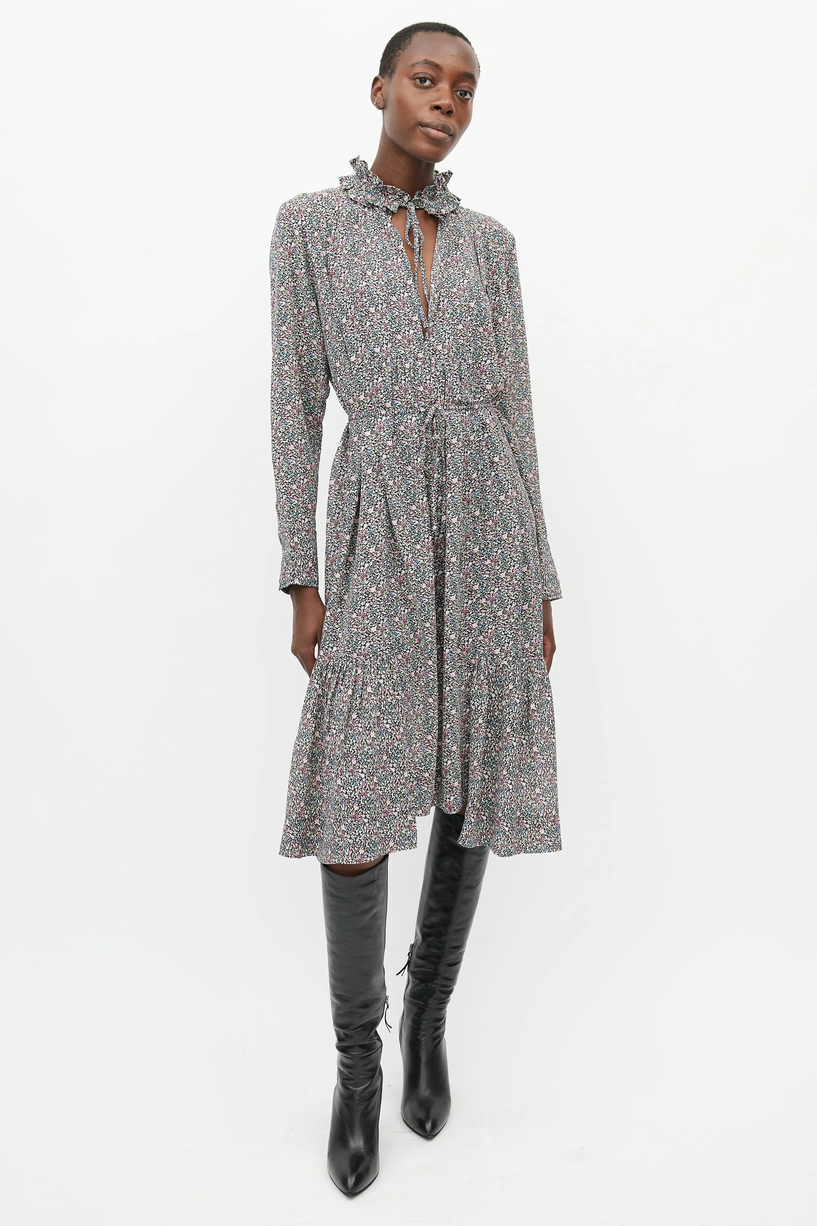 Black & Multicolour Floral Ruffled Dress