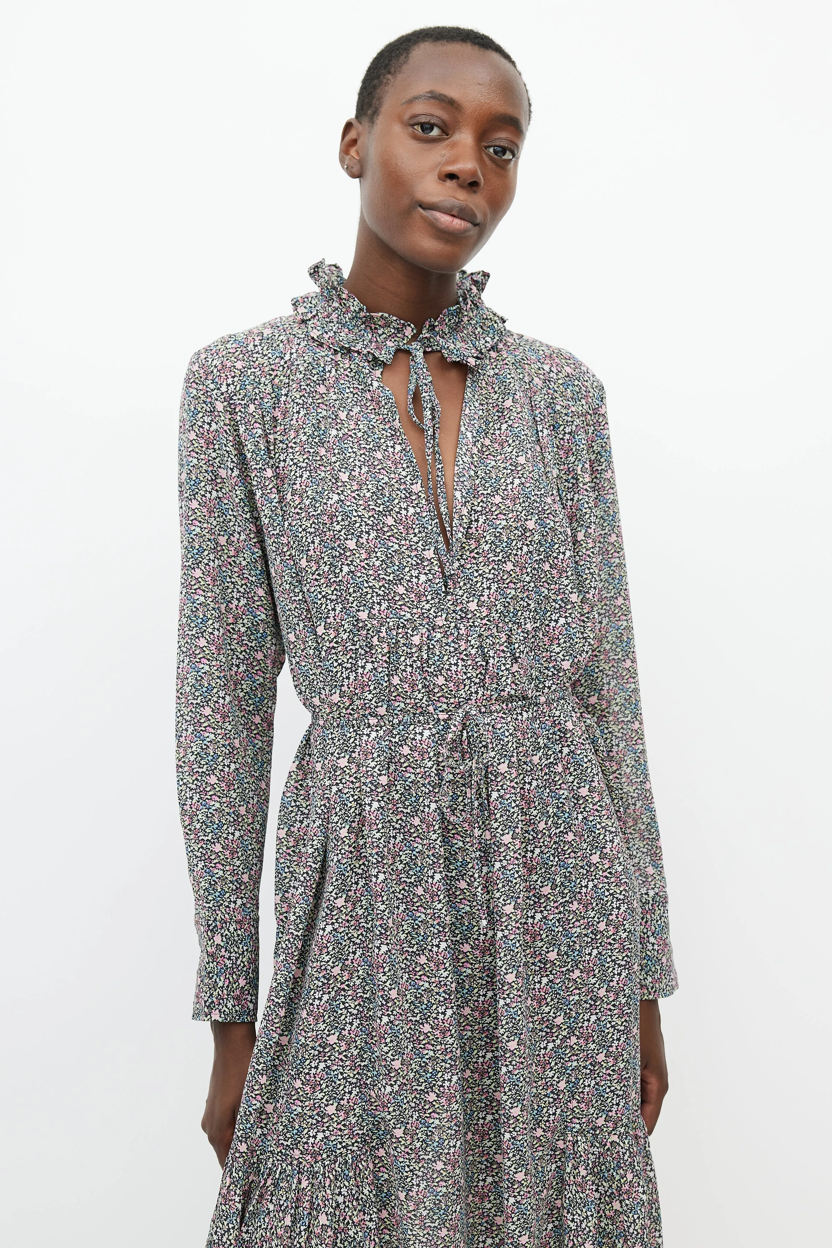 Black & Multicolour Floral Ruffled Dress
