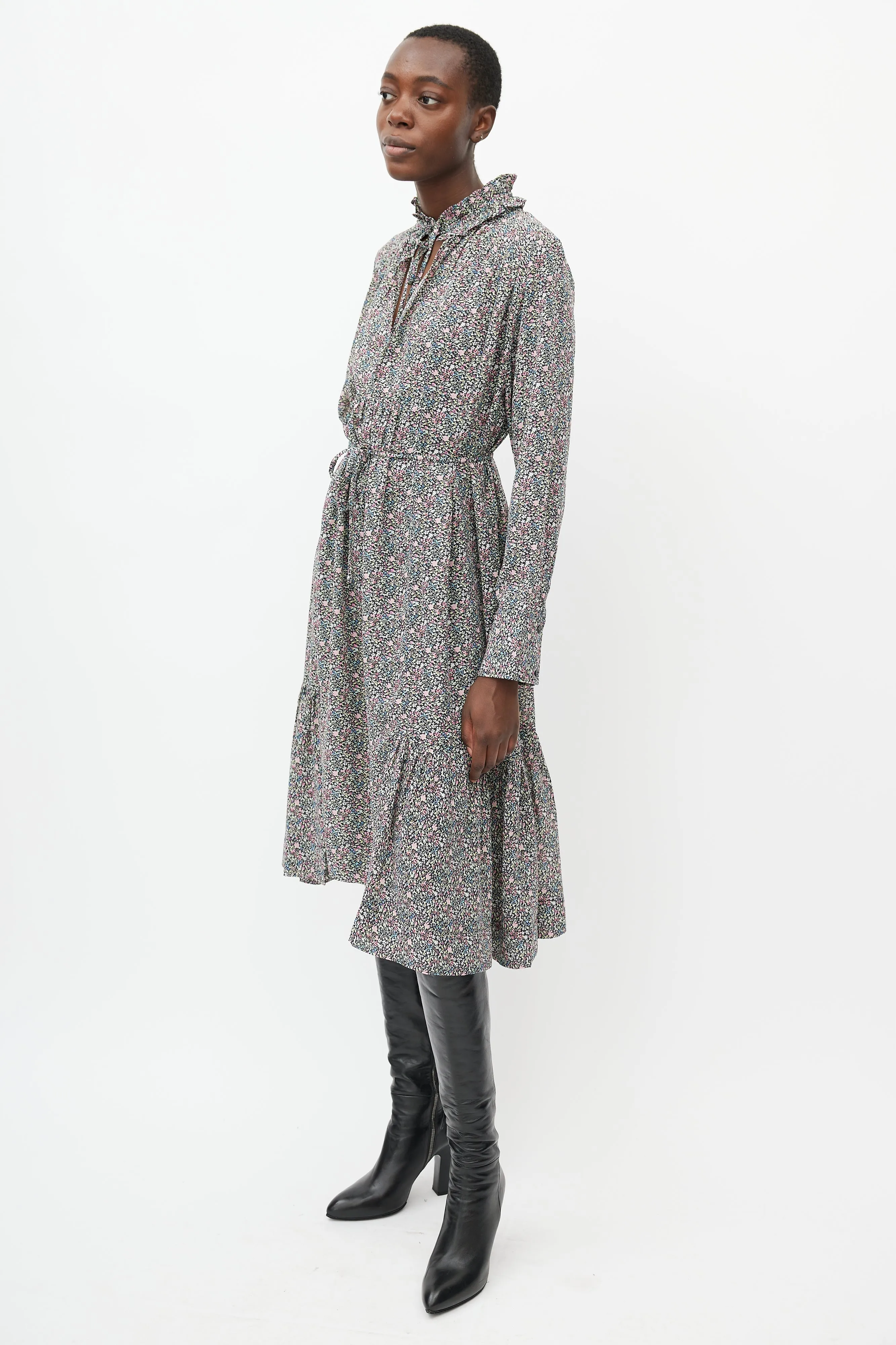 Black & Multicolour Floral Ruffled Dress
