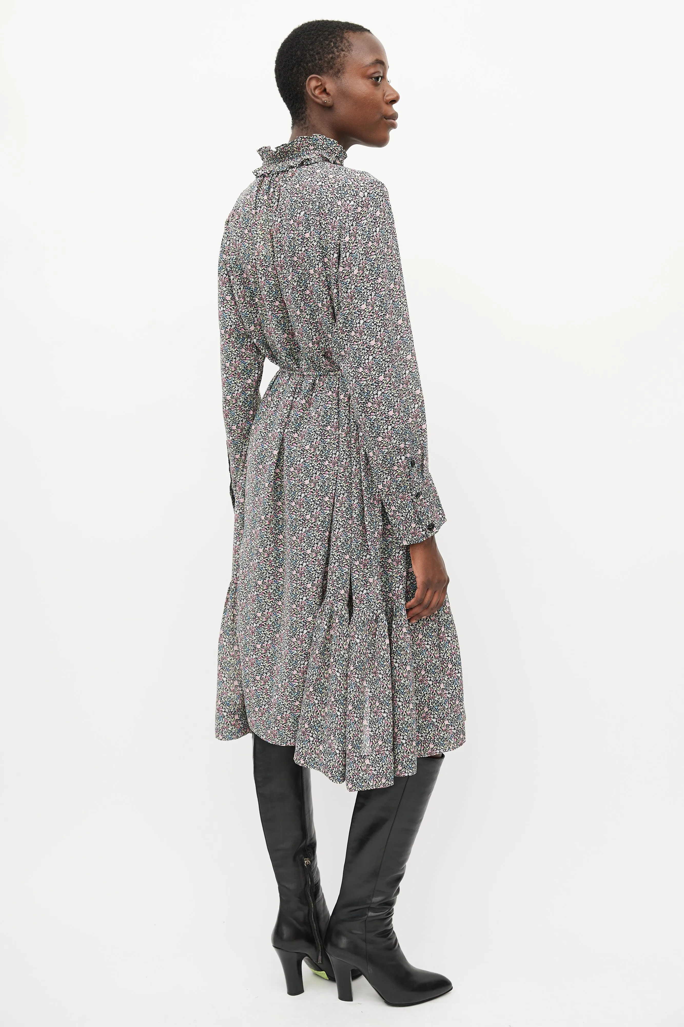 Black & Multicolour Floral Ruffled Dress