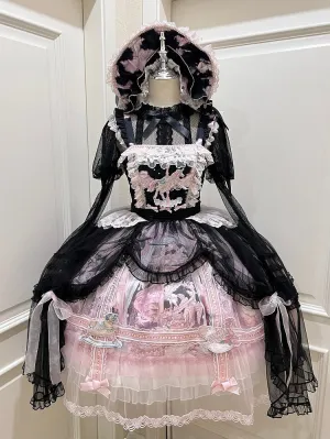 Black and Pink Curtain Tulle Overlay Flying Horse Print Skirt Lolita Jumper Skirt