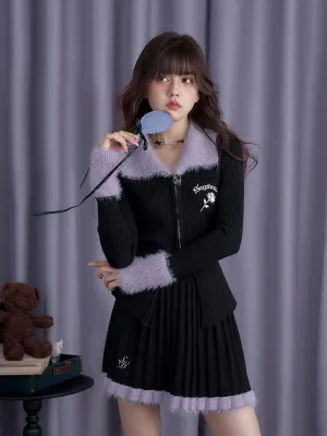 Black and Purple Knitted Slim Fit Cardigan Short Skirt for Winter