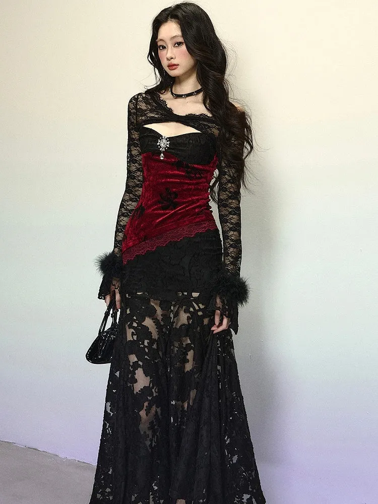 Black Asymmetrical Neckline Red Velvet Patchwork Semi-sheer Mermaid Skirt Dress Evening Gown