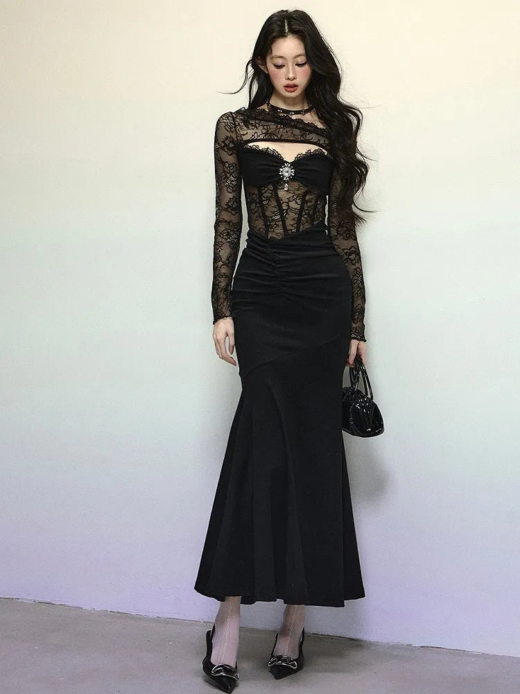 Black Asymmetrical Neckline Semi-sheer Lace Bodice Mermaid Skirt Patchwork Dress Evening Gown