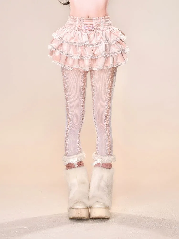 Black Pink Lace Trim Balletcore Tiered Skirt