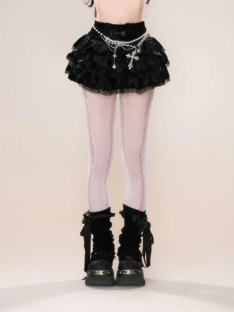 Black Pink Lace Trim Balletcore Tiered Skirt
