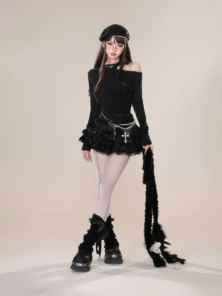Black Pink Lace Trim Balletcore Tiered Skirt