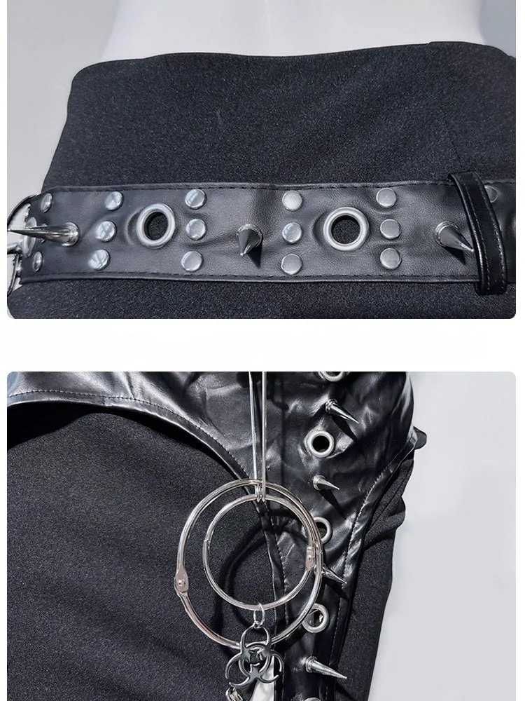 Black Punk Ring Stud Pin Detail Thigh-high Slit Mermaid Skirt with Buckle Belt