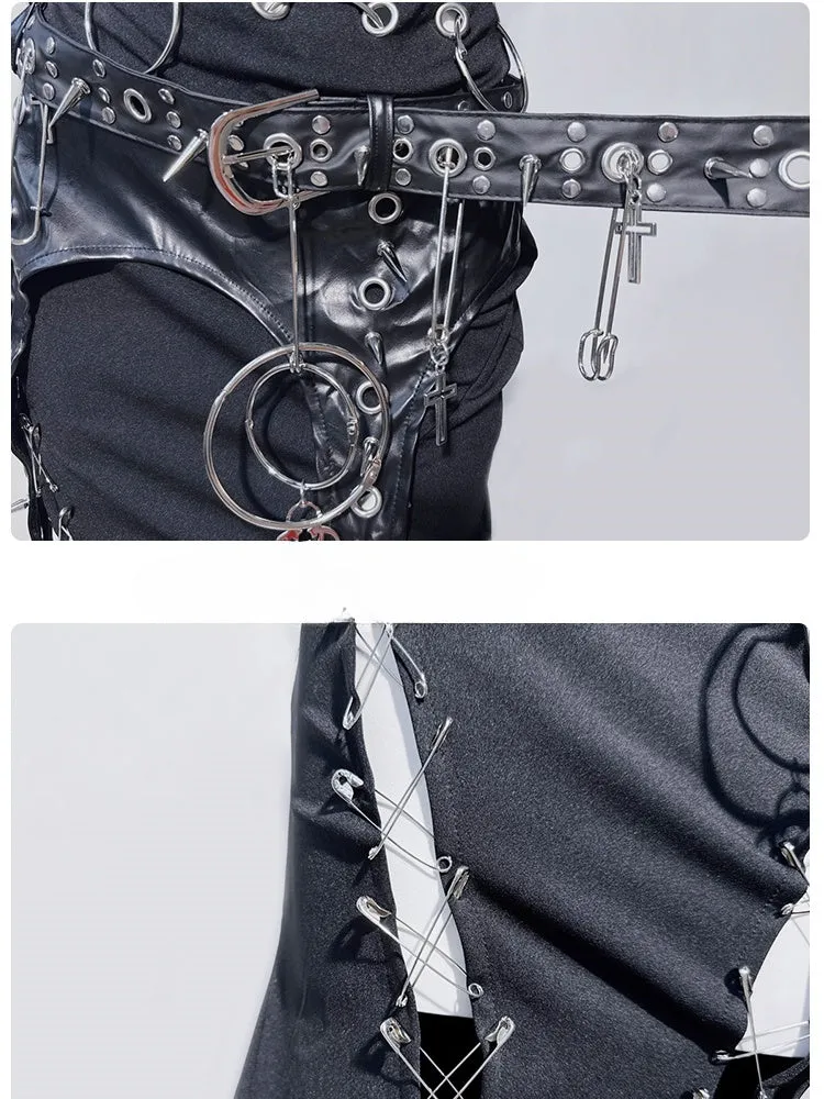 Black Punk Ring Stud Pin Detail Thigh-high Slit Mermaid Skirt with Buckle Belt
