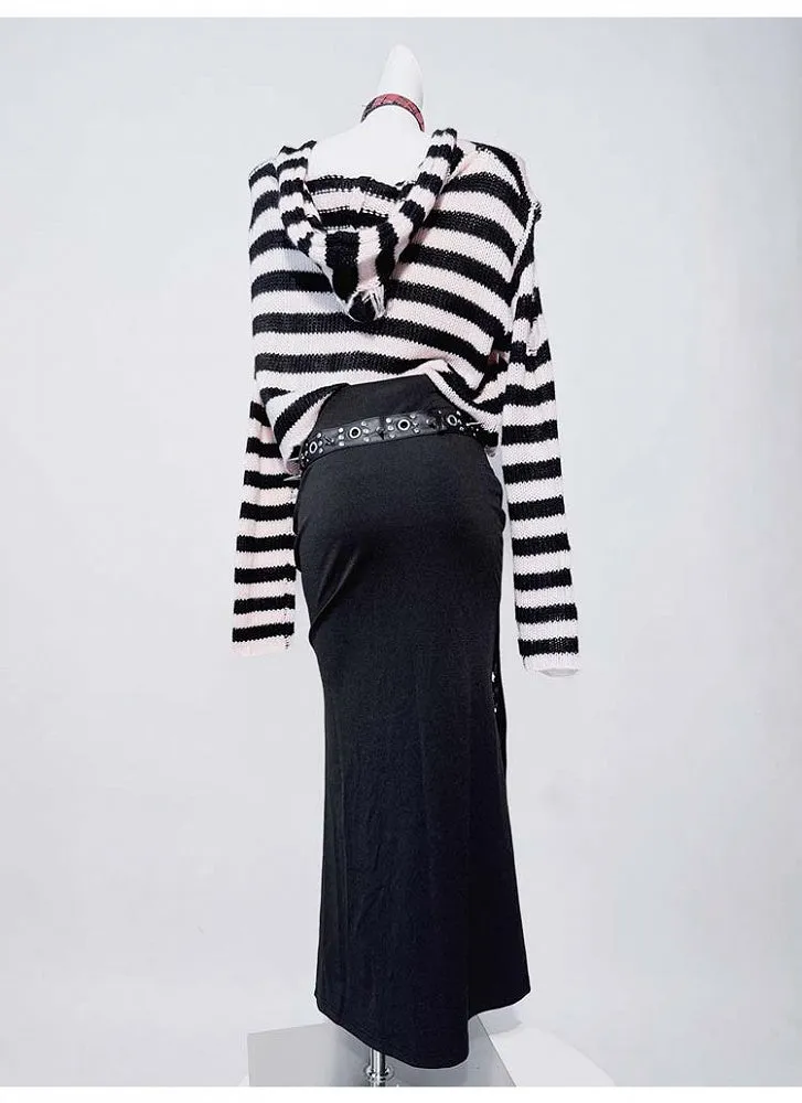 Black Punk Ring Stud Pin Detail Thigh-high Slit Mermaid Skirt with Buckle Belt