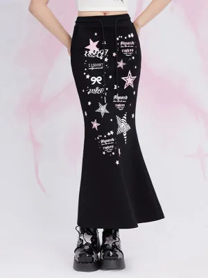 Black Stars Print Mermaid Skirt Drawstring Waist