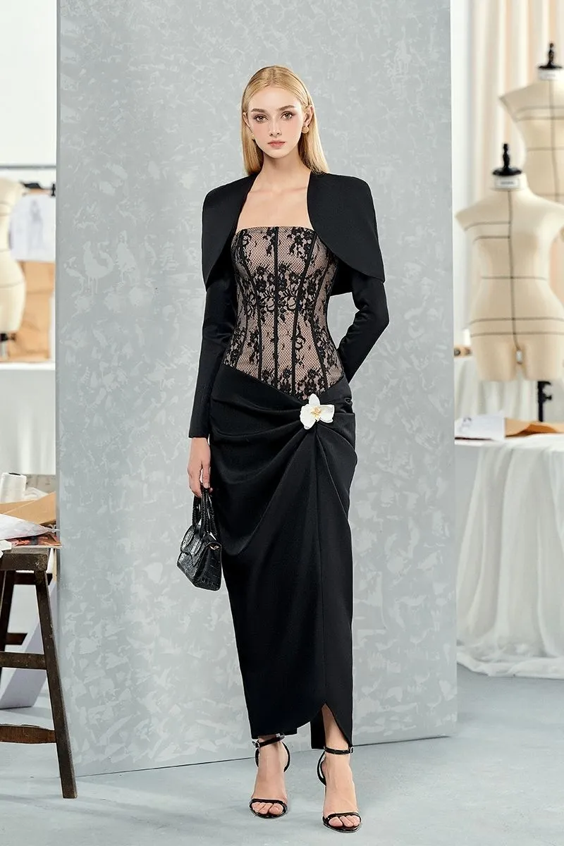 BLACK WAIST-CINCHED ORCHID AND CORSET SHIRT MIDI DRESS