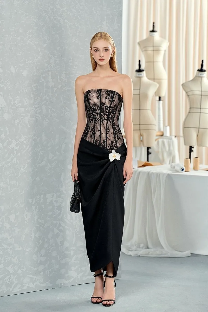 BLACK WAIST-CINCHED ORCHID AND CORSET SHIRT MIDI DRESS