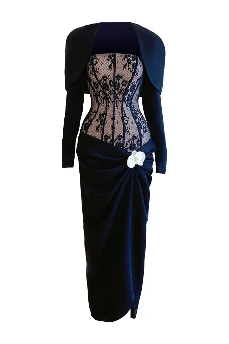 BLACK WAIST-CINCHED ORCHID AND CORSET SHIRT MIDI DRESS
