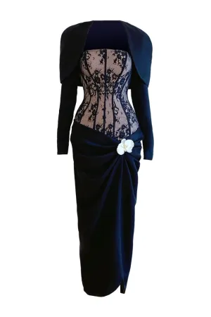 BLACK WAIST-CINCHED ORCHID AND CORSET SHIRT MIDI DRESS