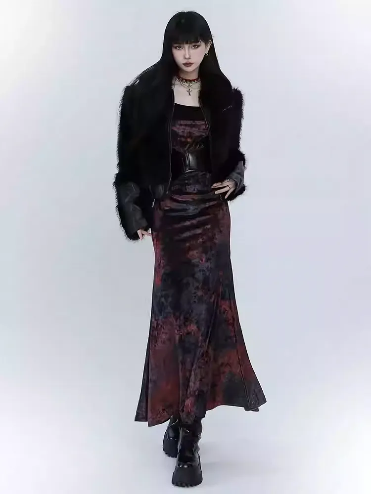 Black & Red Tie Dye Mermaid Skirt Velvet Dress