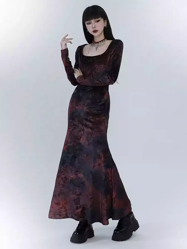 Black & Red Tie Dye Mermaid Skirt Velvet Dress