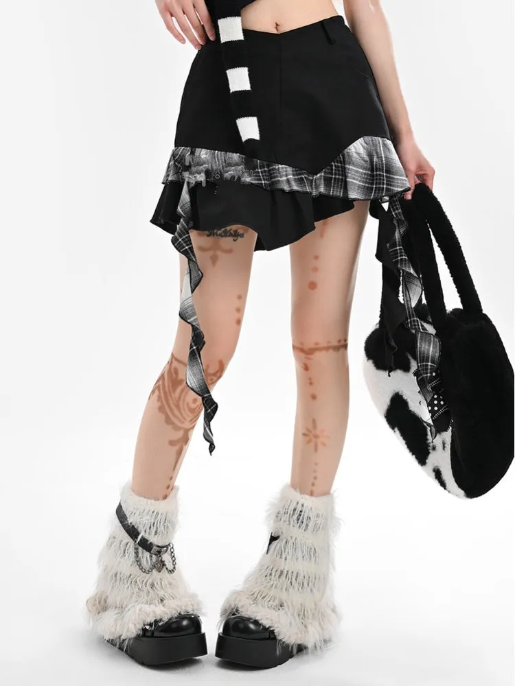Black Plaid Asymmetrical Ruffled Hem Skirt