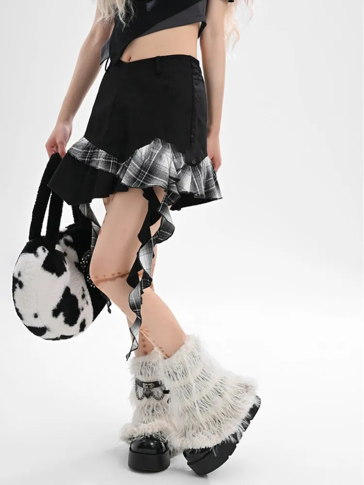 Black Plaid Asymmetrical Ruffled Hem Skirt