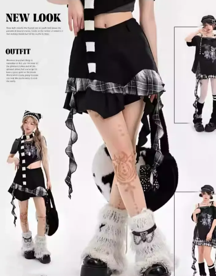 Black Plaid Asymmetrical Ruffled Hem Skirt