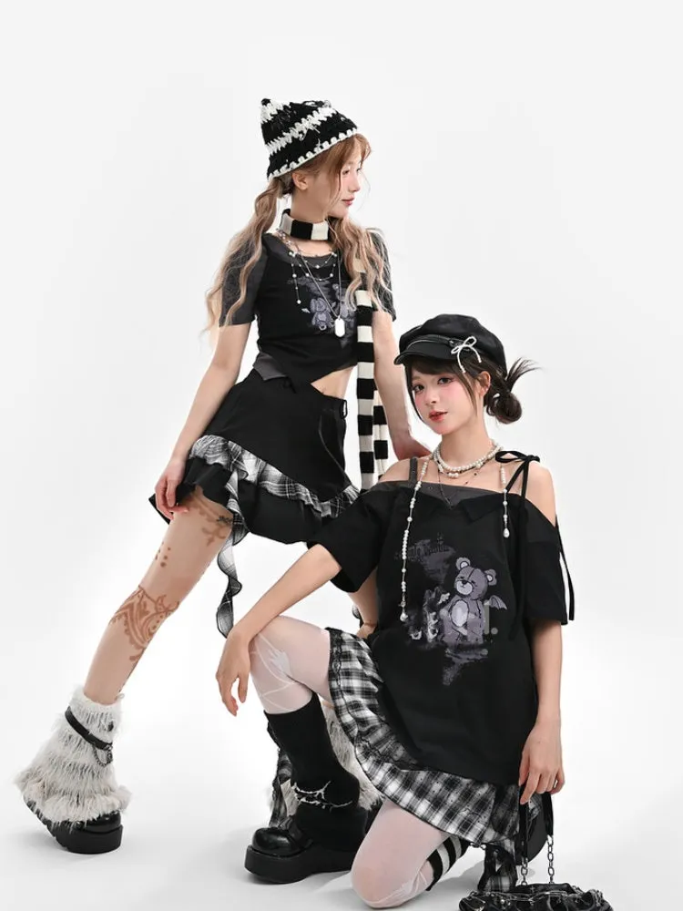 Black Plaid Asymmetrical Ruffled Hem Skirt