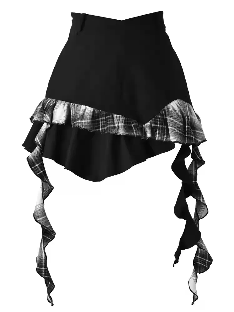 Black Plaid Asymmetrical Ruffled Hem Skirt