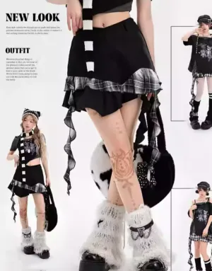 Black Plaid Asymmetrical Ruffled Hem Skirt