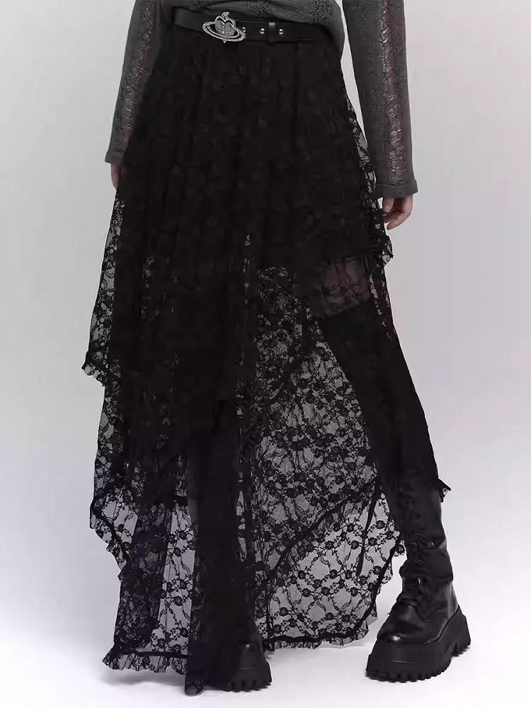 Black Semi-Sheer Floor Length Asymmetrical Lace Skirt