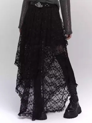 Black Semi-Sheer Floor Length Asymmetrical Lace Skirt