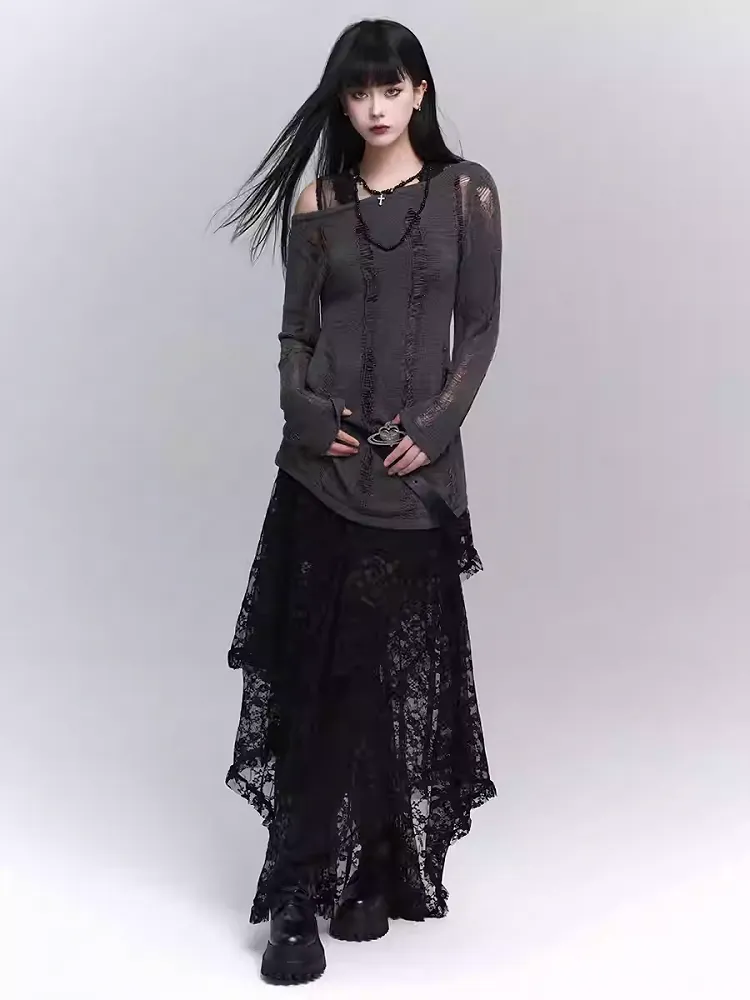 Black Semi-Sheer Floor Length Asymmetrical Lace Skirt
