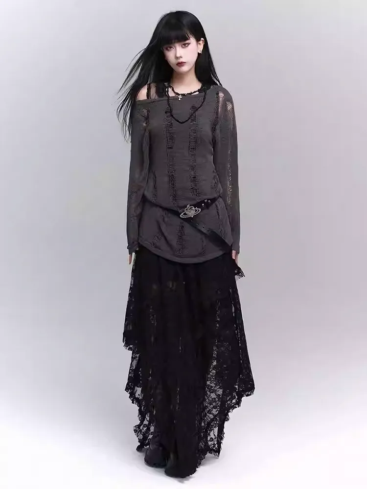 Black Semi-Sheer Floor Length Asymmetrical Lace Skirt