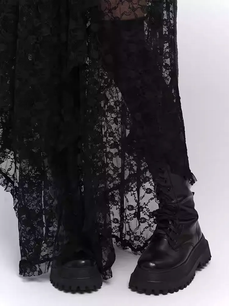 Black Semi-Sheer Floor Length Asymmetrical Lace Skirt