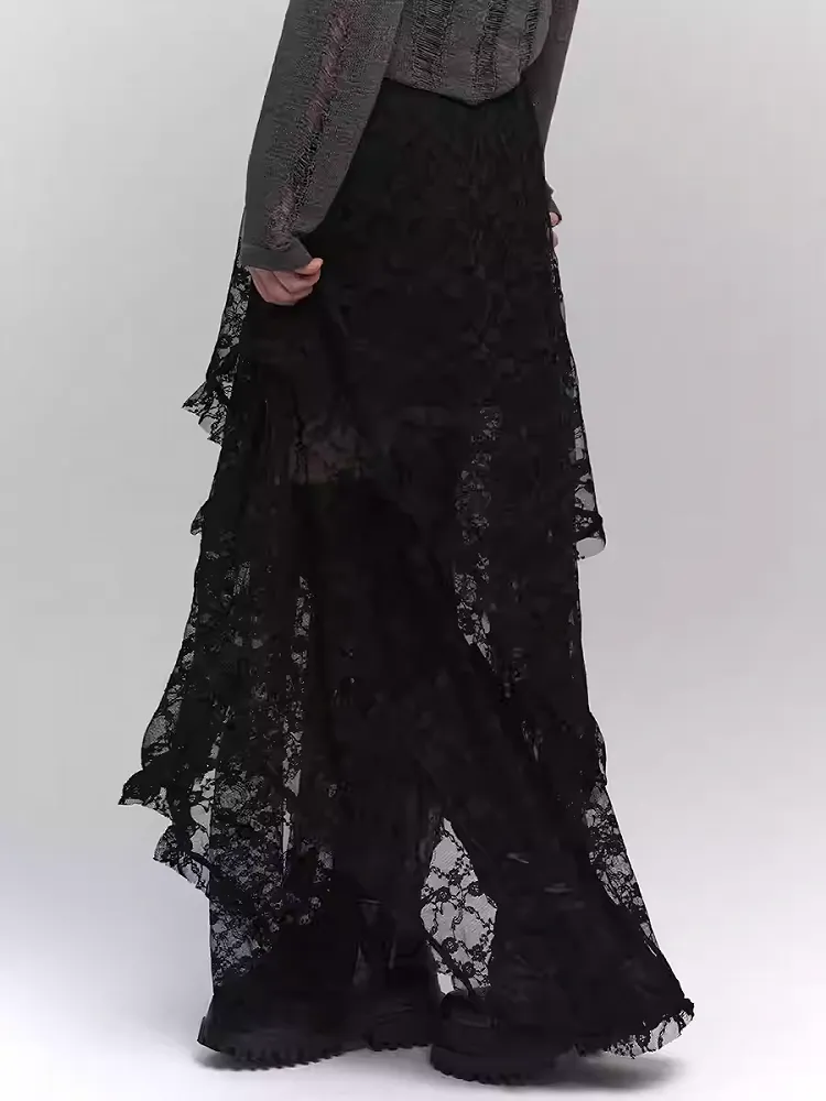 Black Semi-Sheer Floor Length Asymmetrical Lace Skirt