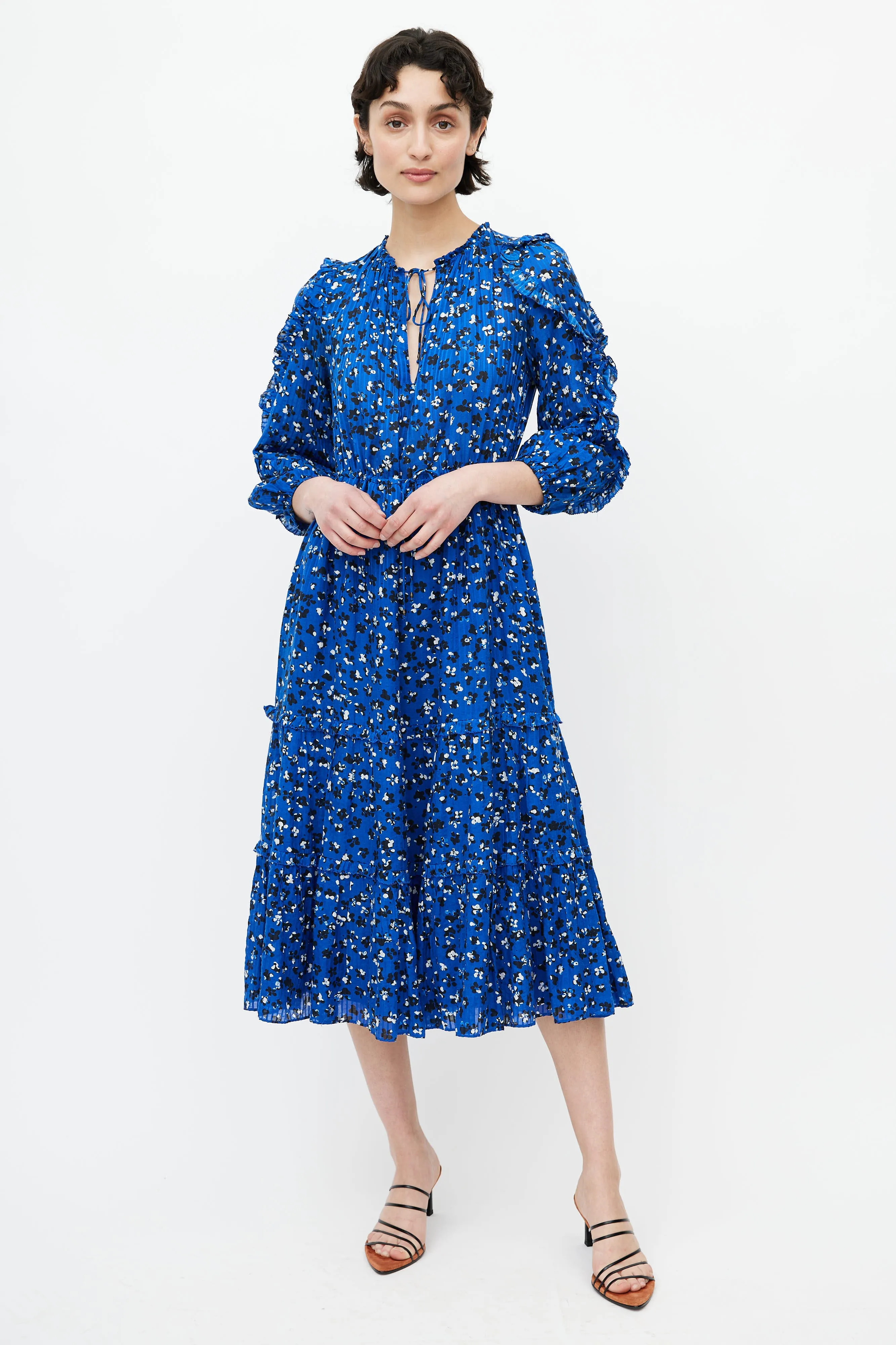 Blue & Multicolour Floral Ruffled Dress