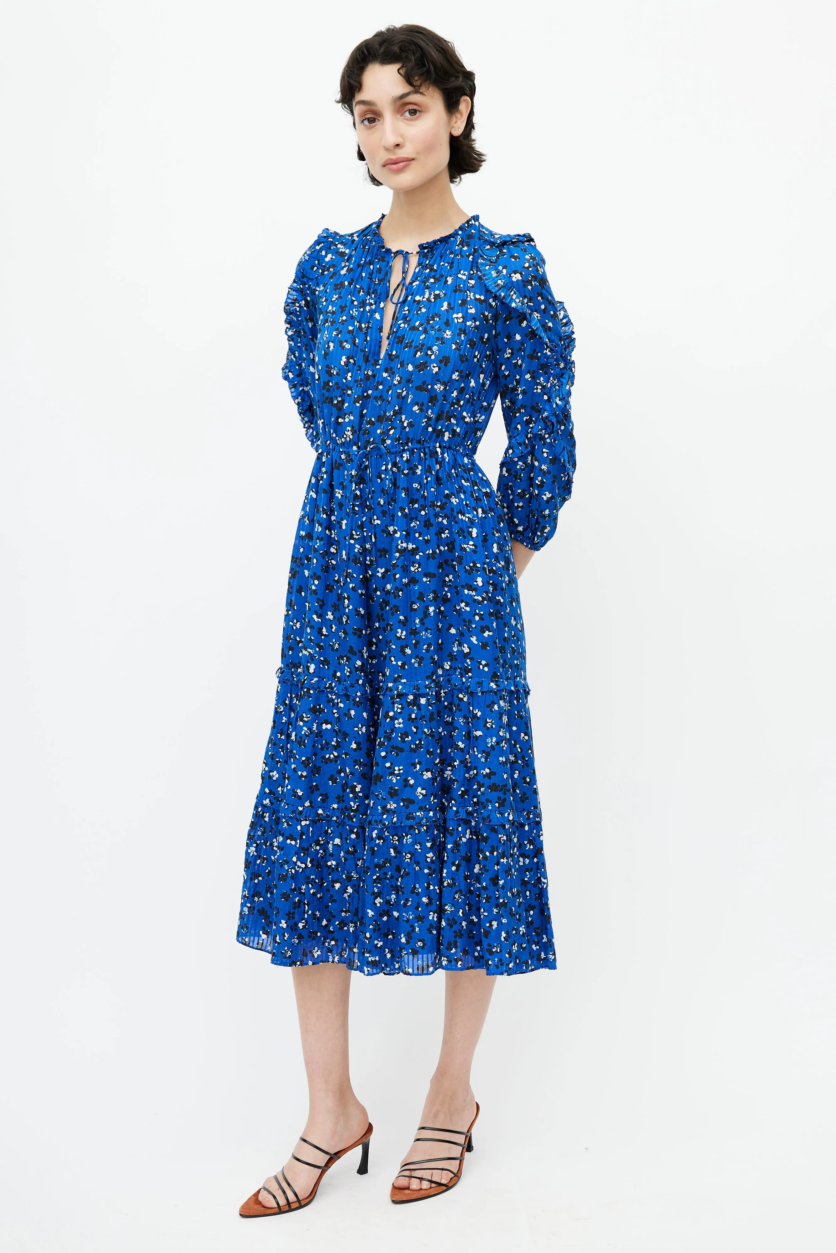 Blue & Multicolour Floral Ruffled Dress