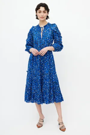 Blue & Multicolour Floral Ruffled Dress
