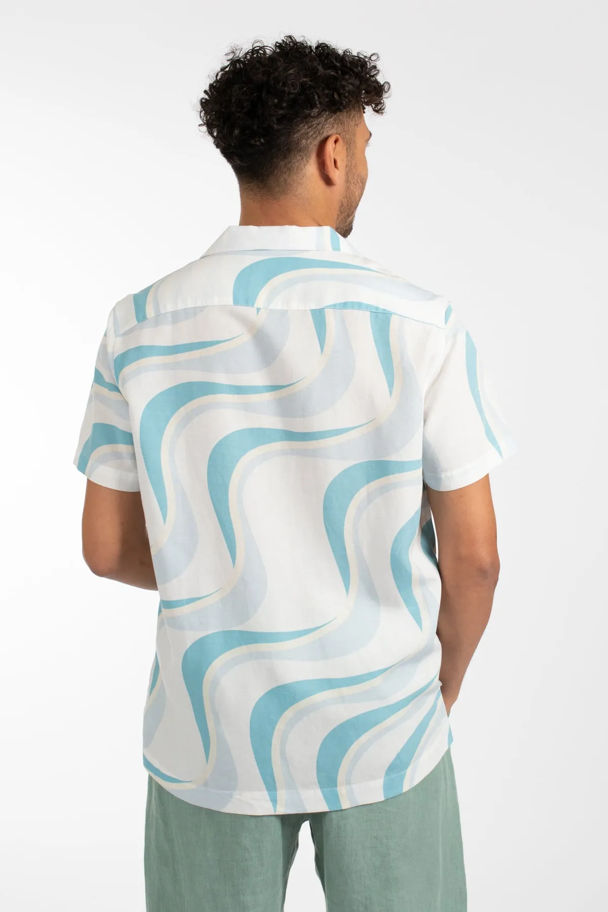 Blue Linen Tencel Waves Cuban Collar Linen  Shirt
