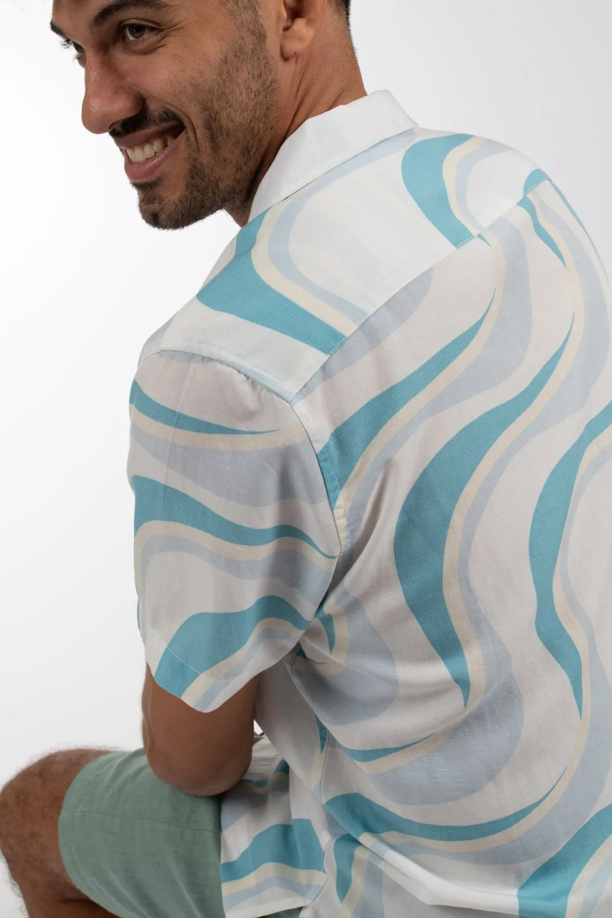 Blue Linen Tencel Waves Cuban Collar Linen  Shirt