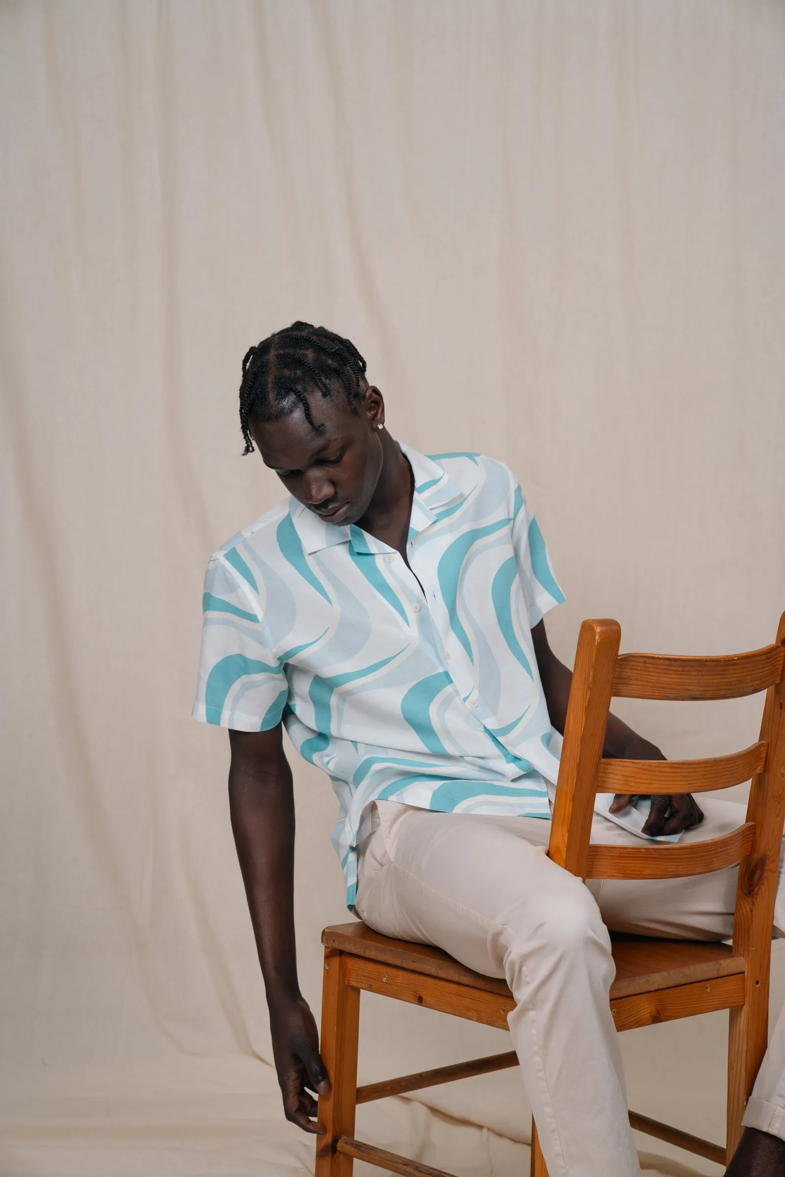 Blue Linen Tencel Waves Cuban Collar Linen  Shirt