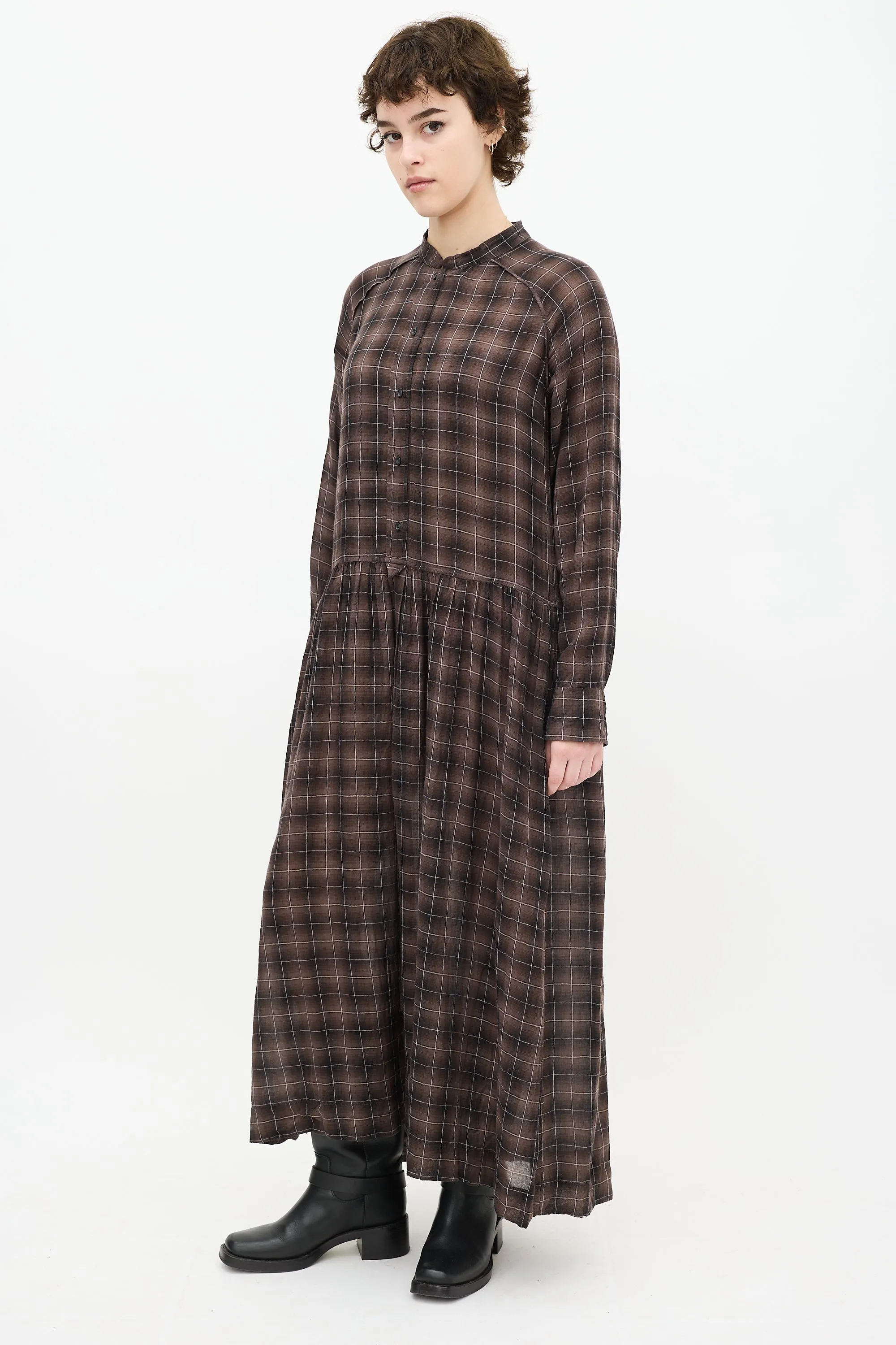 Brown & Cream Ruffled Plaid Dress